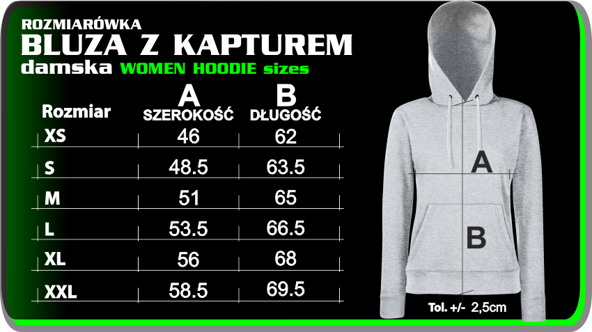 Bluza damska z kapturem rozmiarówka rozmiary table size